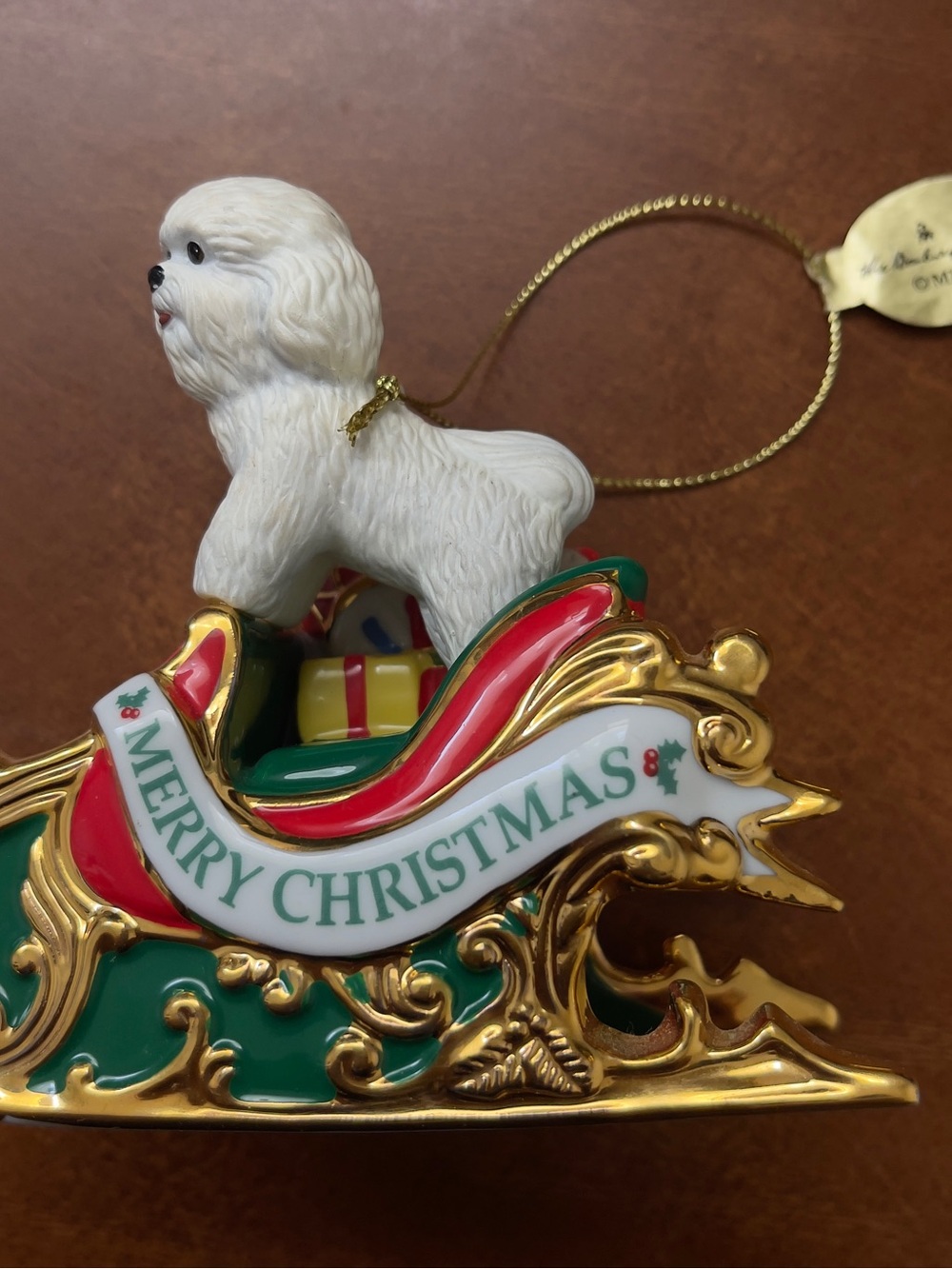 The Danbury Mint 2006 Santa's Helper Bichon Frise Sleigh Ornament